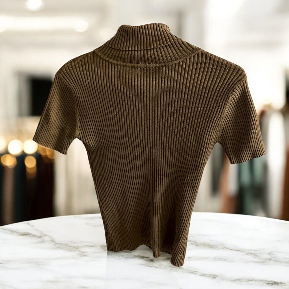 🟤CLIO PETITES: Women’s petite M, brown ribbed short sleeve sweater top, ribbed